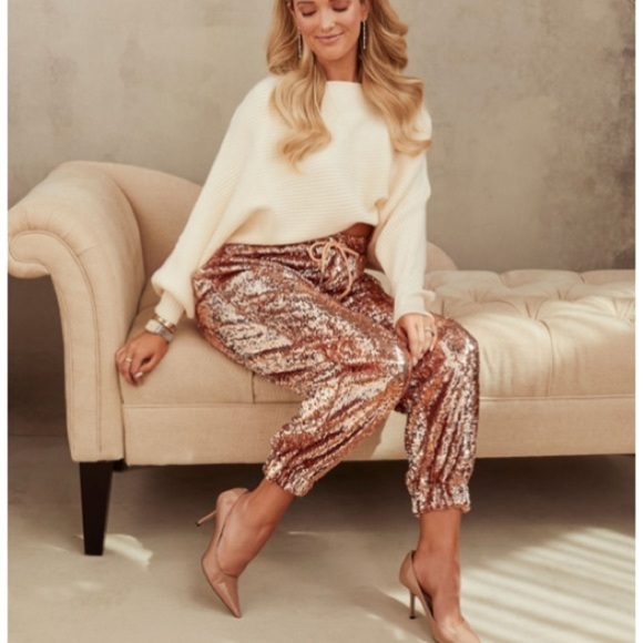 VICI x Emily Travis Rose Gold Sequin Joggers, New with Tags, Size Small - Picture 2 of 7